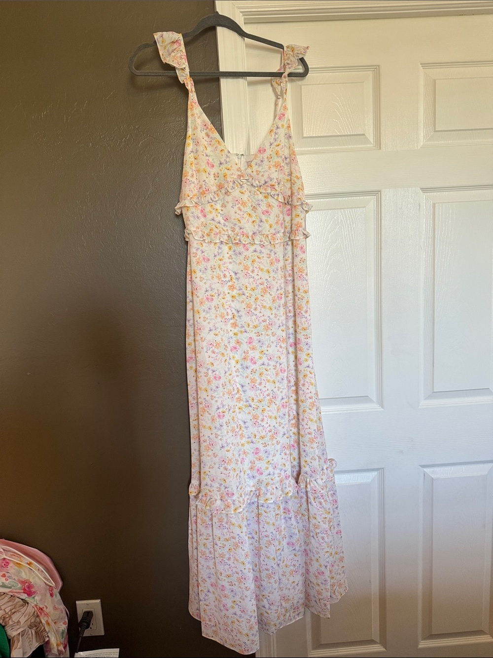 BCBG Floral Ruffle Maxi Dress in Cream and Pink